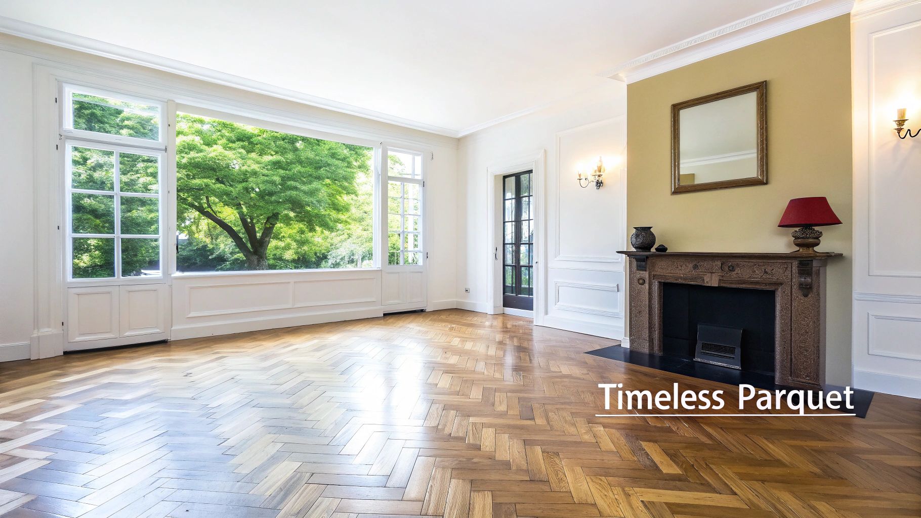 An elegant empty room featuring a classic herringbone parquet floor and large windows overlooking a tree.