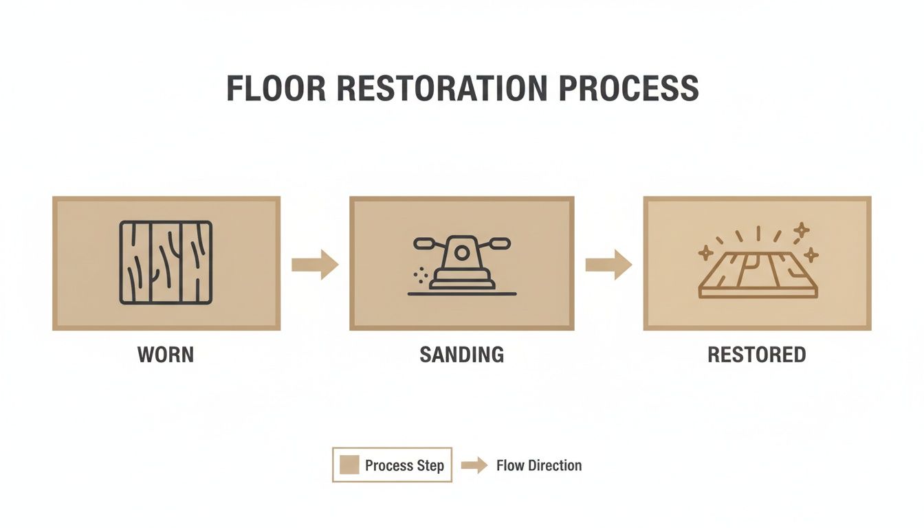 A diagram illustrating the floor restoration process: from a worn wooden floor, through sanding, to a shiny, restored surface.