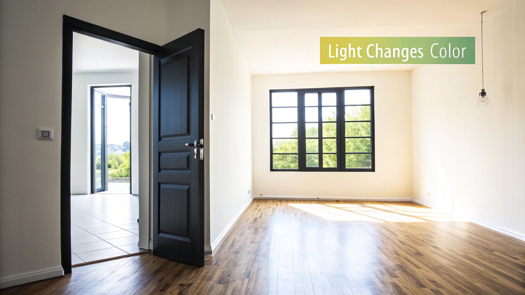 An empty, bright room with light walls, a dark wooden floor, and a large window showing green trees.
