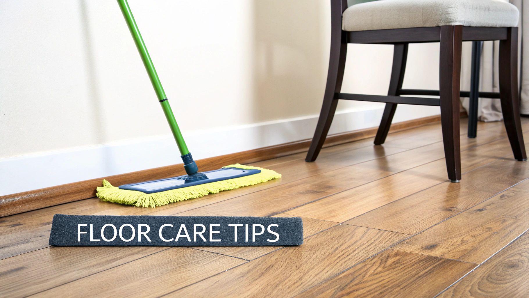 A green mop and a "FLOOR CARE TIPS" sign on a polished wooden floor, next to a chair.