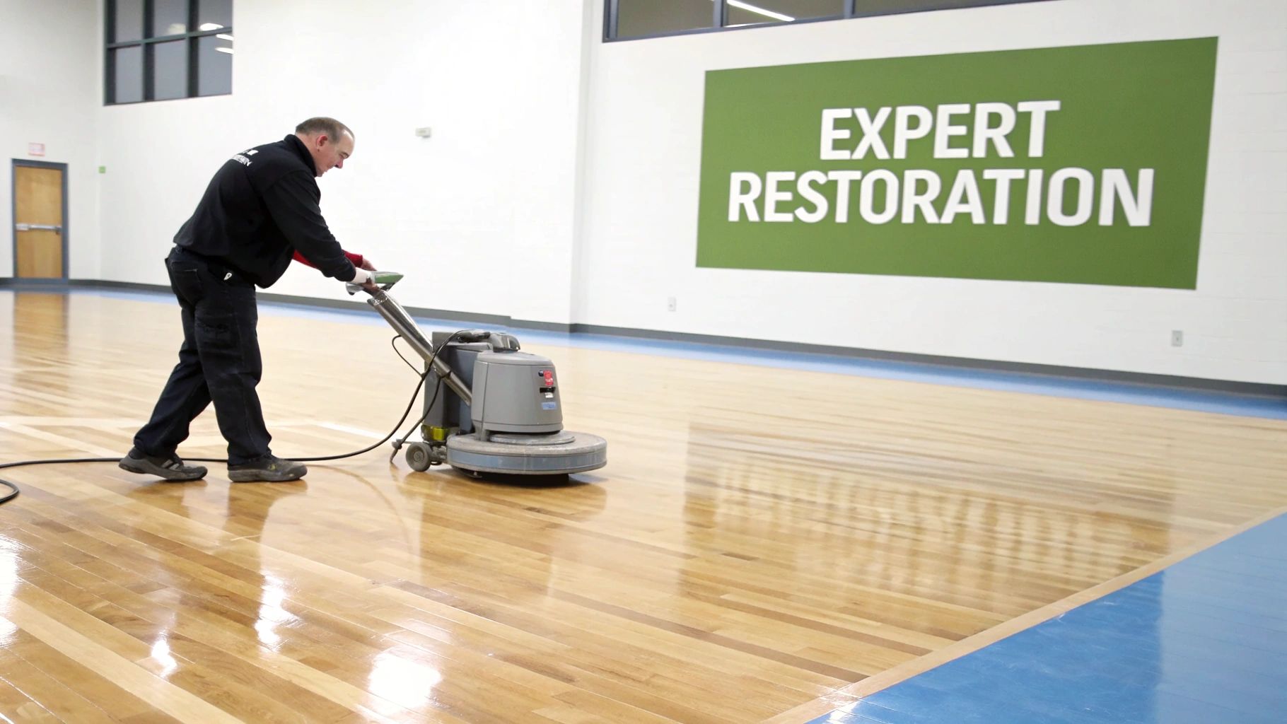 Professional technician operating floor buffing machine on hardwood gym floor during restoration service