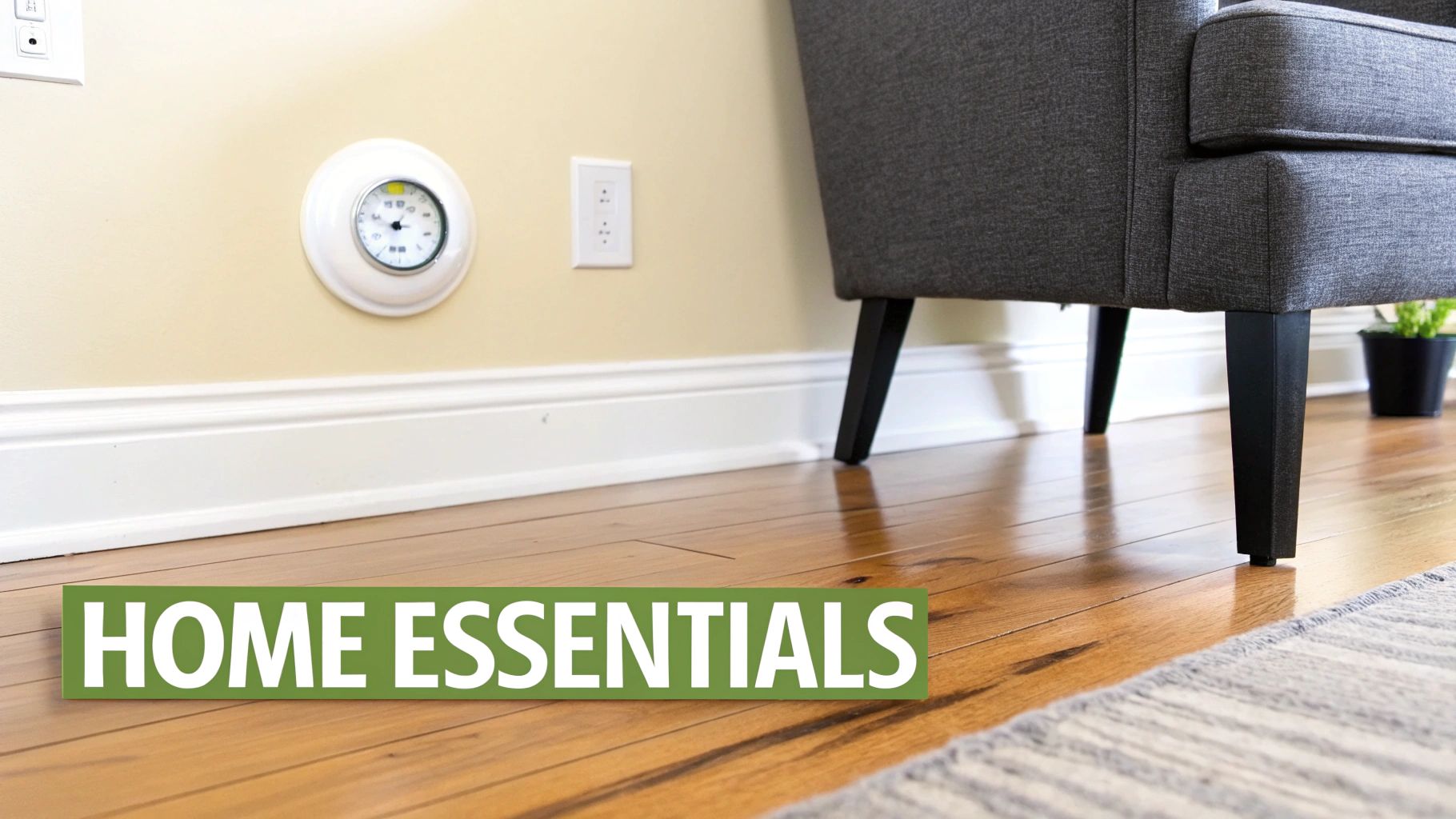 Close-up of a modern living room with hardwood floors, a grey armchair, and wall outlets, captioned 'HOME ESSENTIALS'.
