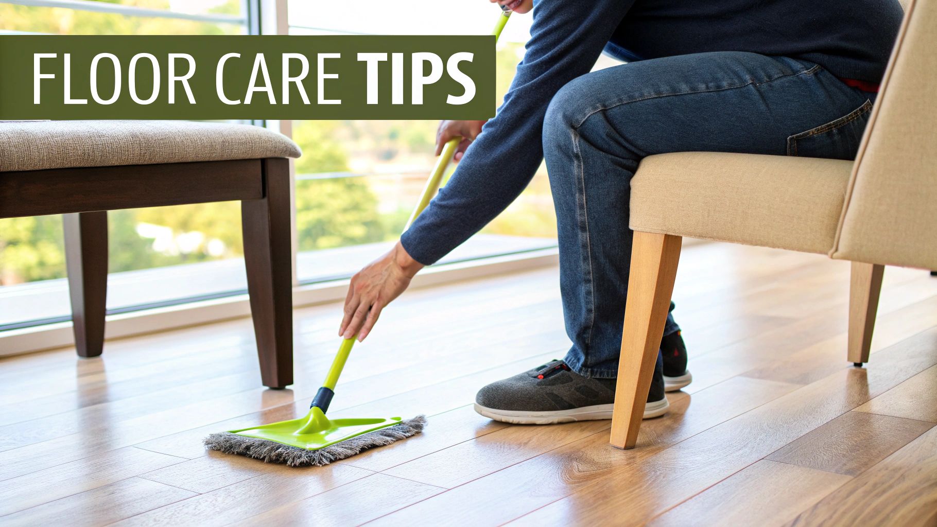 A person in jeans mops a shiny wood floor next to chairs, under a text overlay: FLOOR CARE TIPS.