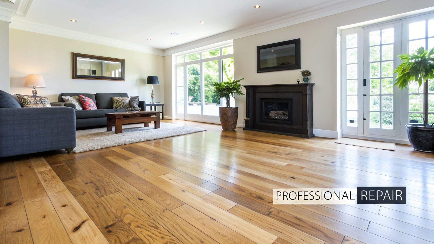 A professionally repaired engineered hardwood floor showing a seamless finish and restored beauty.