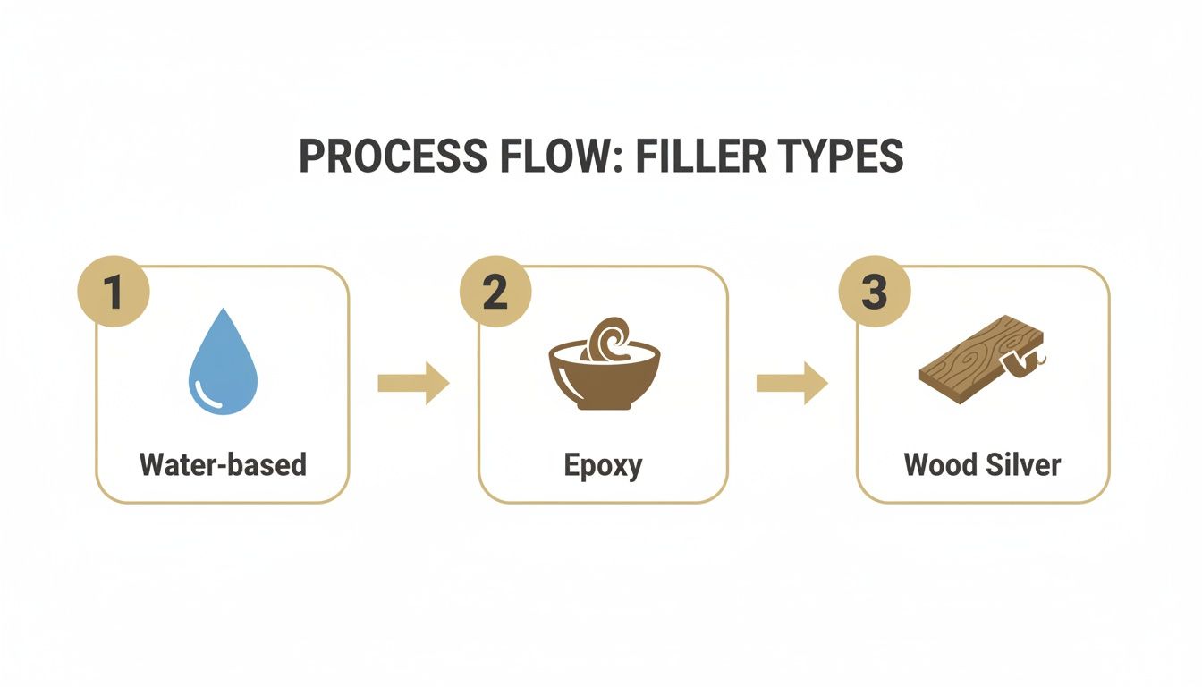 Process flow diagram illustrating three types of fillers: water-based, epoxy, and wood.