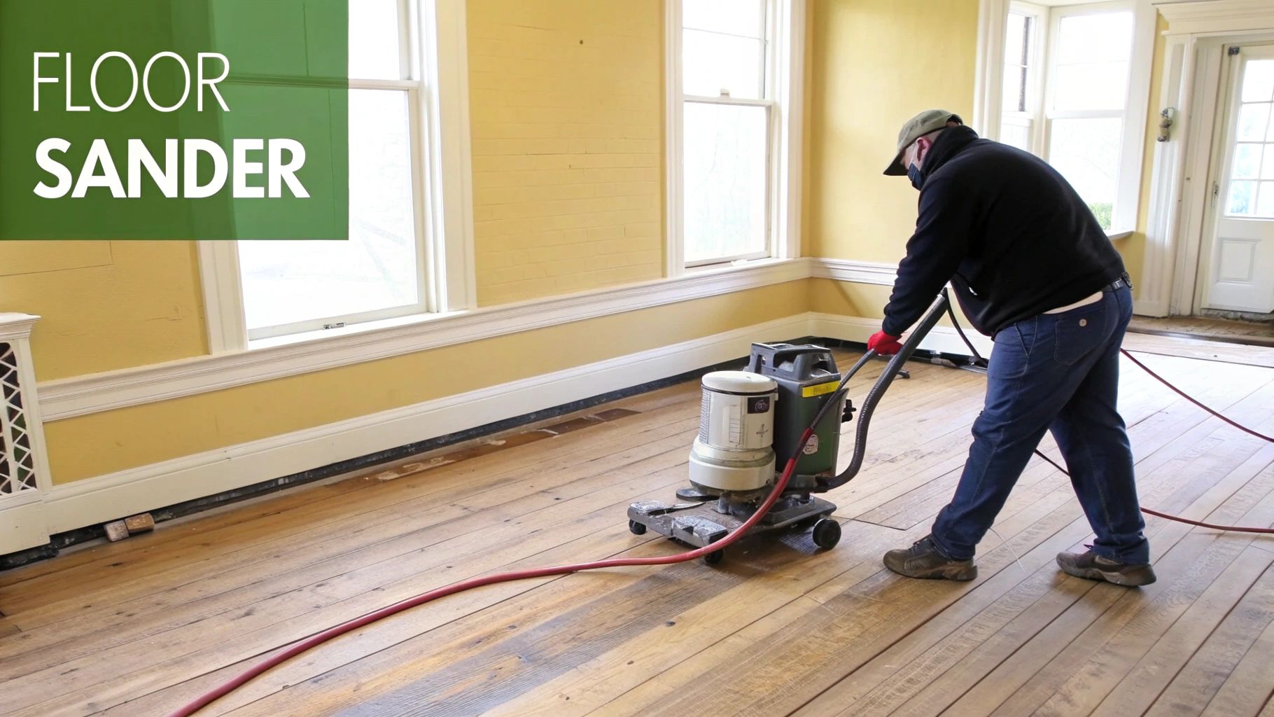 A person uses a large floor sander to refinish hardwood floors in a room with yellow walls.