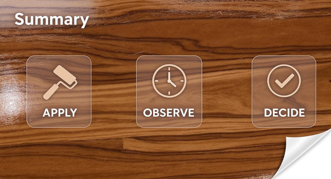 Three step process for hardwood floor refinishing showing apply observe and decide stages on wood background