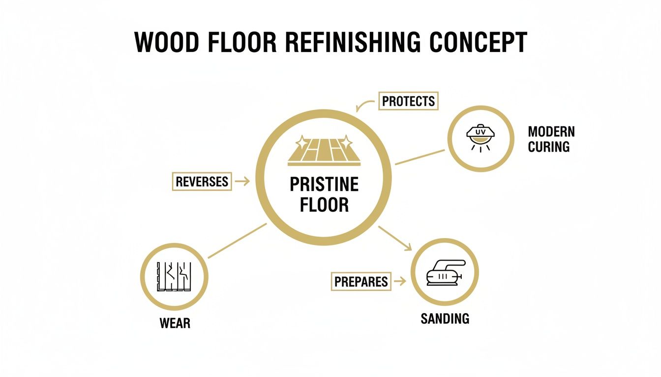 Diagram illustrating the wood floor refinishing concept, transforming worn floors into pristine ones.