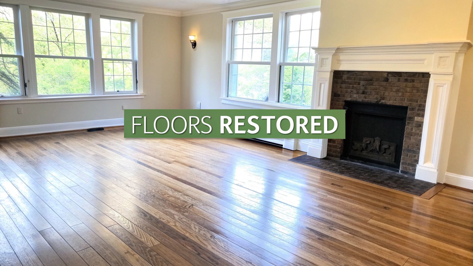 An empty room showcasing newly restored hardwood floors, large windows, and a fireplace with a white mantel.