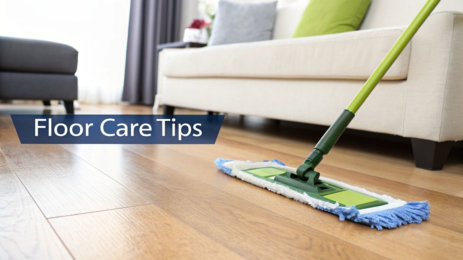 Green mop cleaning hardwood floor in modern living room with beige sofa and floor care tips text
