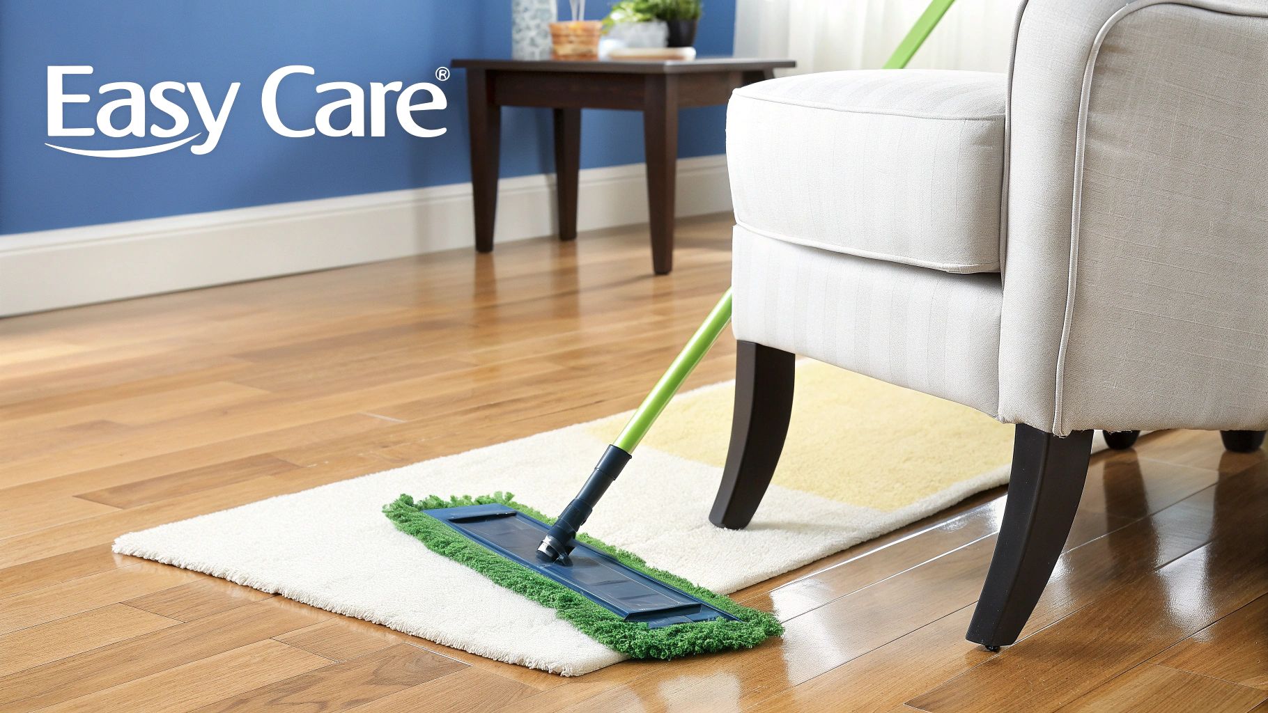 An Easy Care mop cleaning a white rug on a shiny hardwood floor, next to an armchair and a side table.
