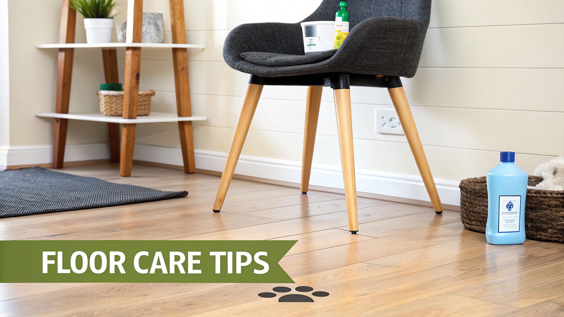 A clean room showcasing gleaming light wood floors, a modern chair, and a shelf with plants, highlighting floor care.