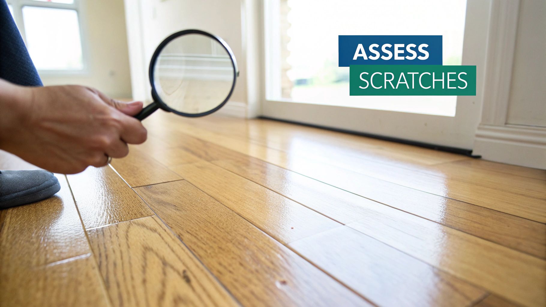 A person uses a magnifying glass to inspect for scratches on a glossy hardwood floor.