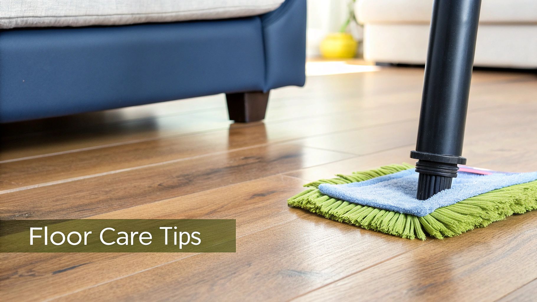 A close-up of a green and blue mop cleaning a shiny hardwood floor, with a blue sofa and "Floor Care Tips".