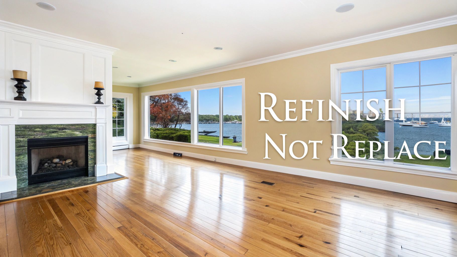 Bright living room with gleaming refinished hardwood floors, a white fireplace, and large windows with a scenic water view.