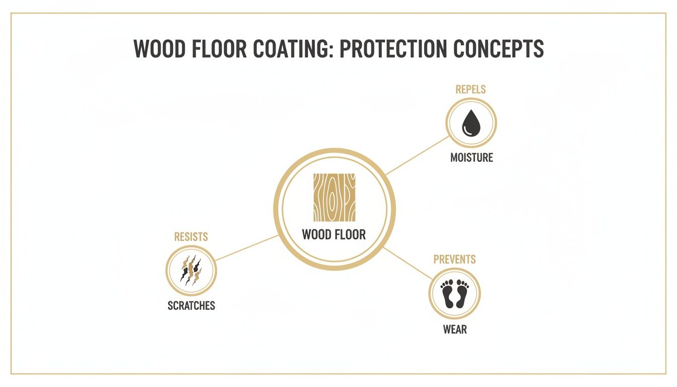 Diagram illustrating wood floor coating protection concepts: resisting scratches, repelling moisture, and preventing wear.