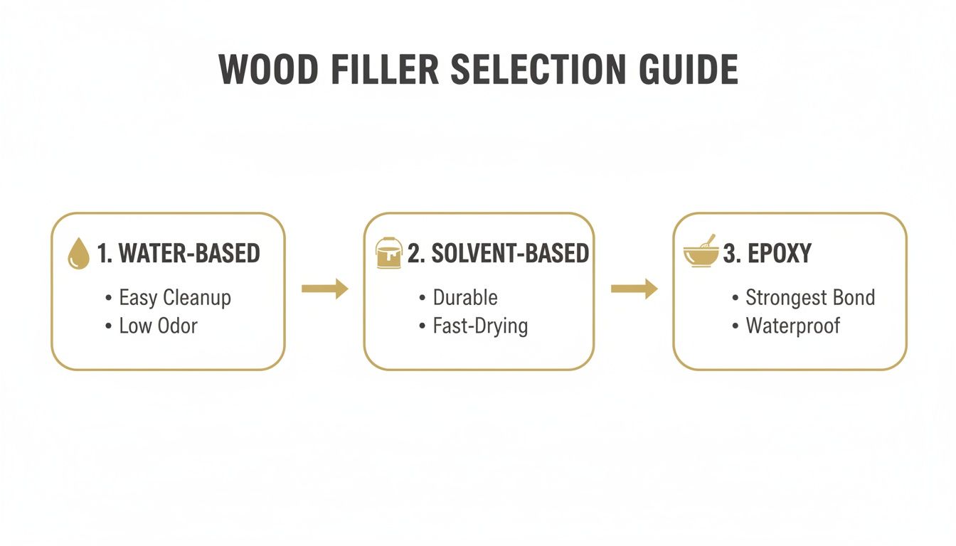 A wood filler selection guide illustrating three types: water-based, solvent-based, and epoxy, with their key features.