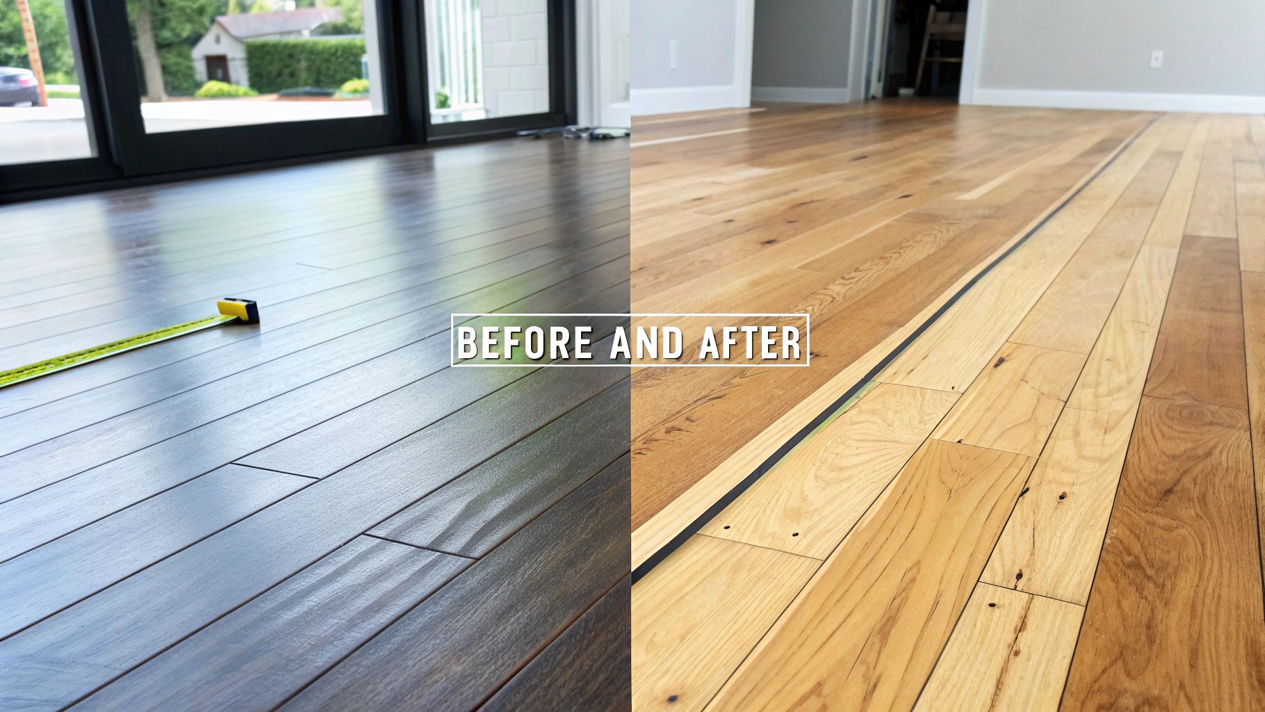 A beautifully restored hardwood floor, showcasing a seamless and smooth surface after professional gap repair.