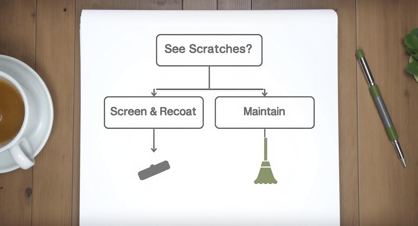 A flowchart showing hardwood floor maintenance decisions: 'See Scratches?' leads to 'Screen & Recoat' or 'Maintain'.