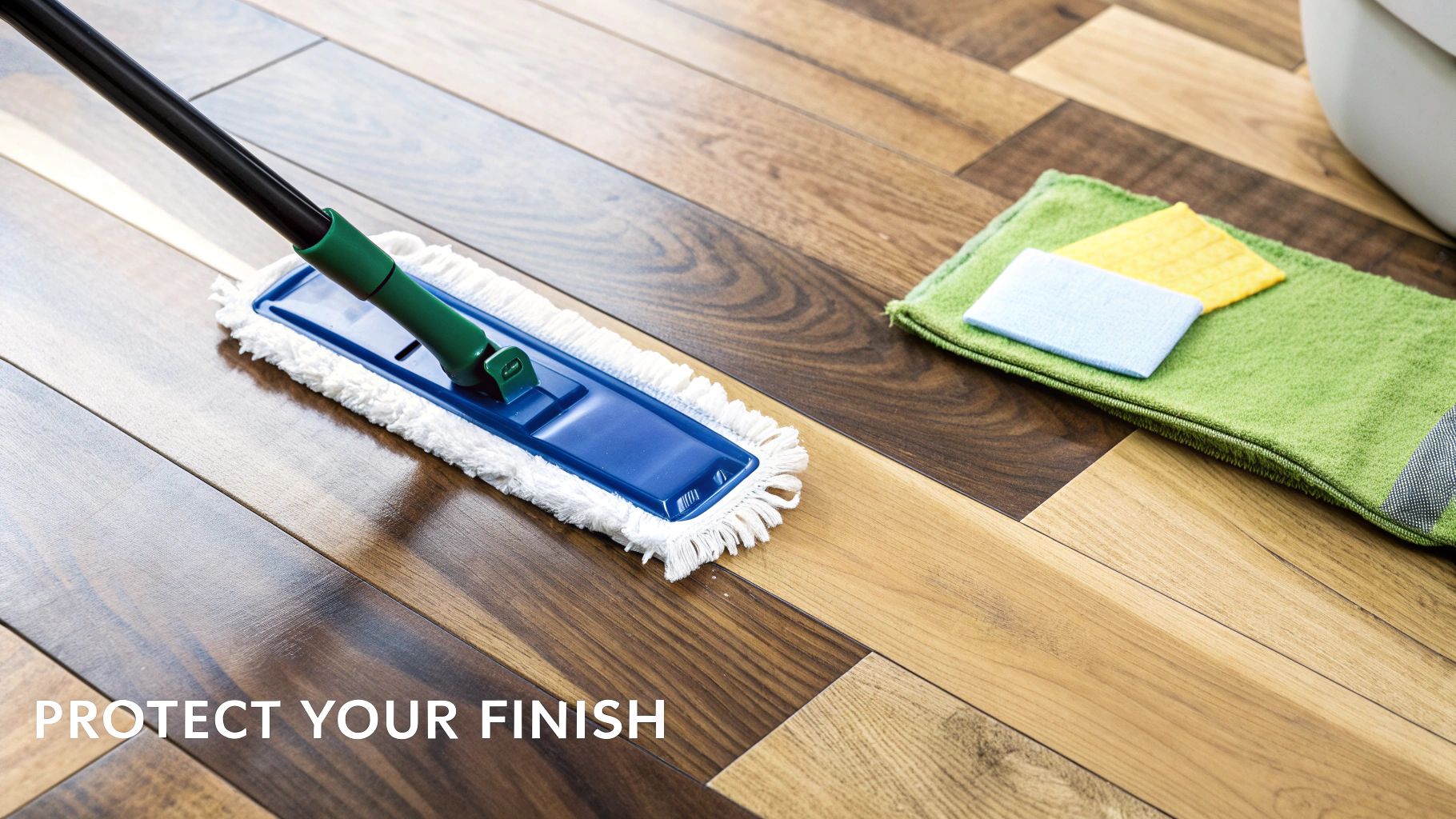 A microfiber mop cleaning a shiny hardwood floor, with colorful cleaning cloths on the side.