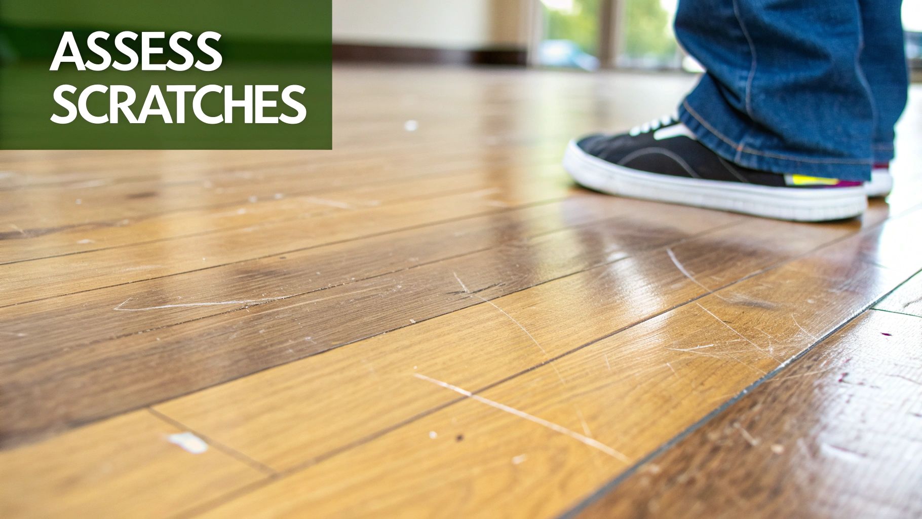 A close-up view of a noticeable scratch on a light-colored hardwood floor.
