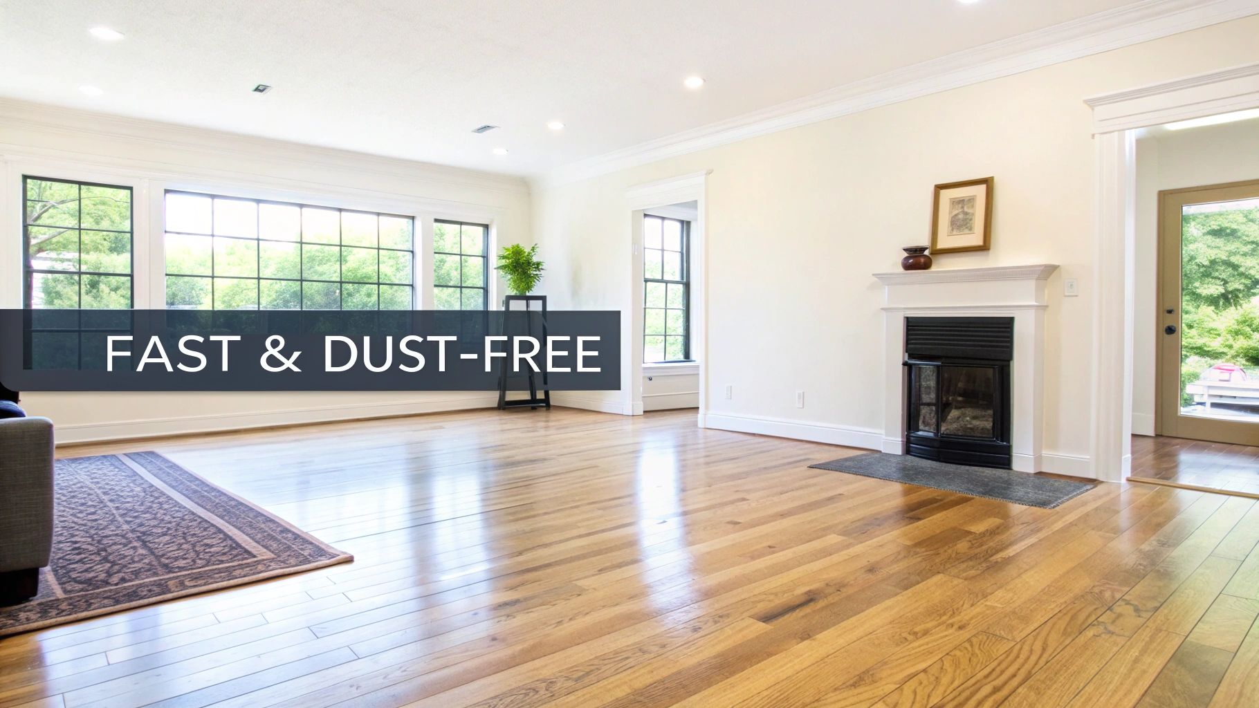 Beautiful, shiny refinished hardwood floors in a spacious, bright room with 'FAST & DUST-FREE' service.