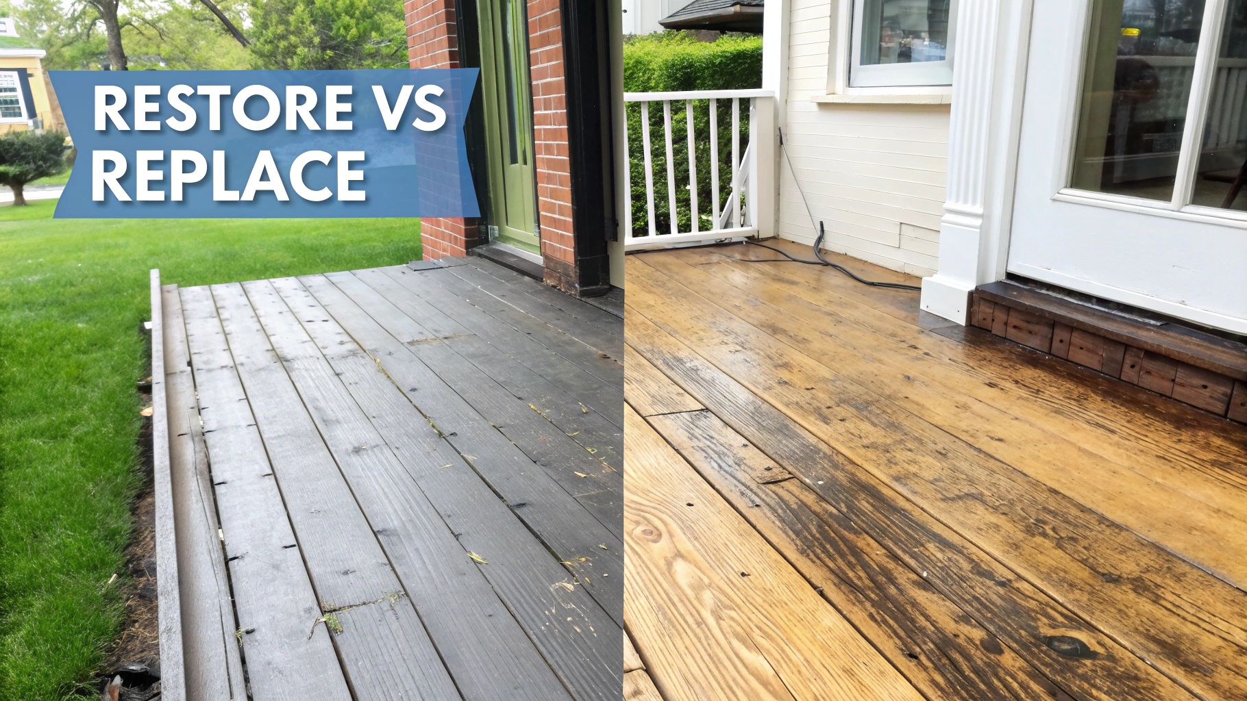 A beautifully restored hardwood floor next to a worn, damaged section, illustrating the choice between restoration and replacement.