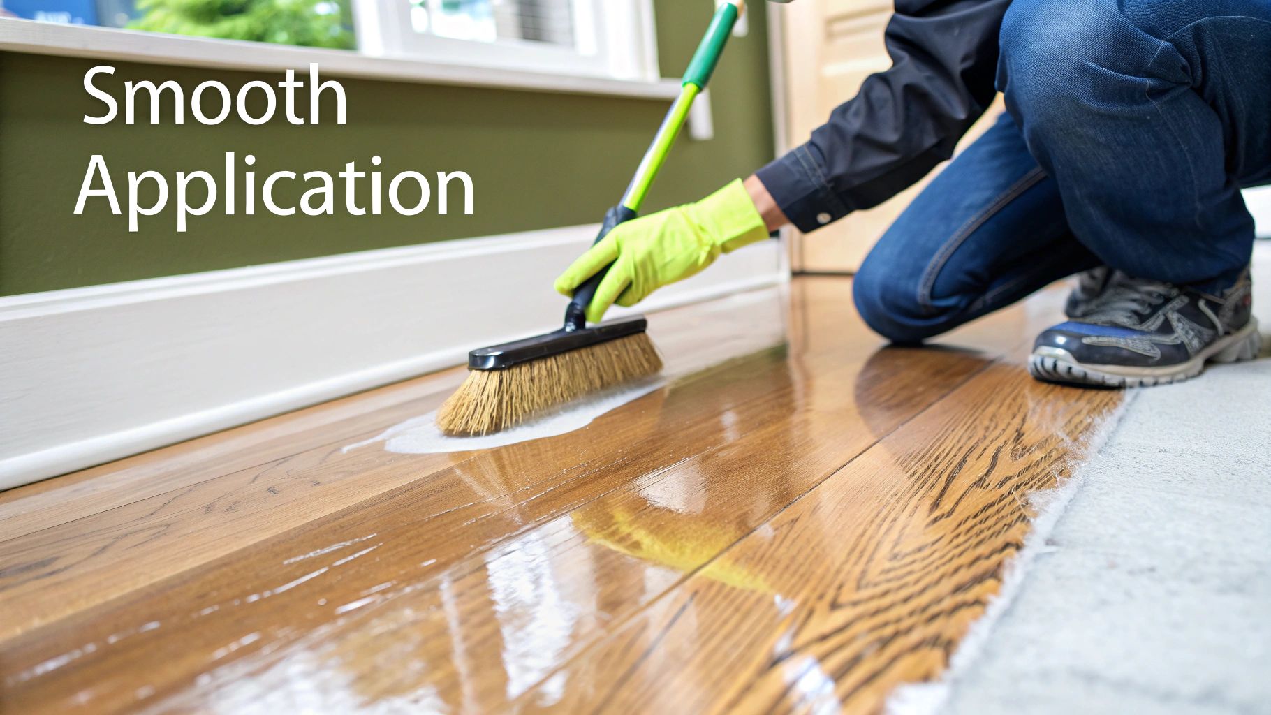 A professional applying a smooth, even coat of polyurethane to a hardwood floor using a T-bar applicator.