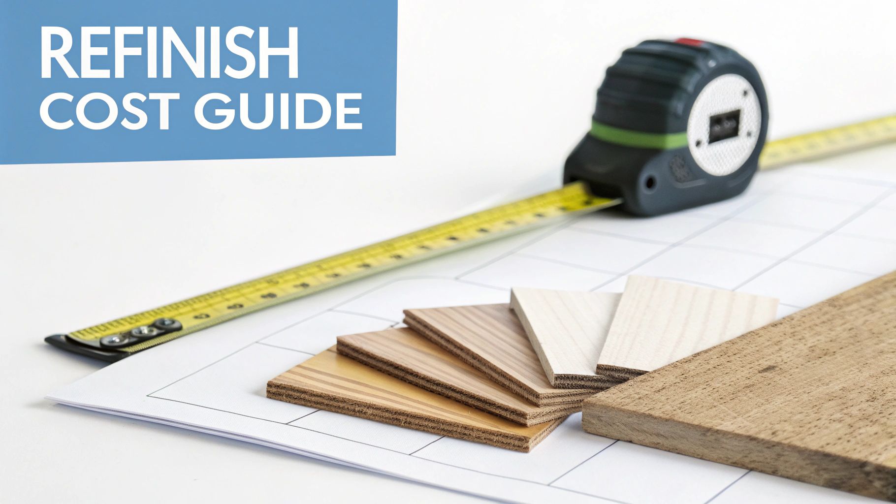 Refinish cost guide banner with a measuring tape, wood samples, and a blueprint.