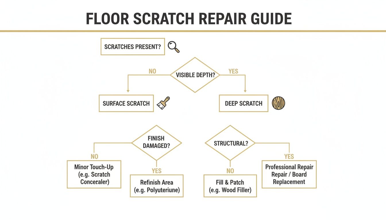 Flowchart outlining steps to repair floor scratches, distinguishing surface from deep damage.
