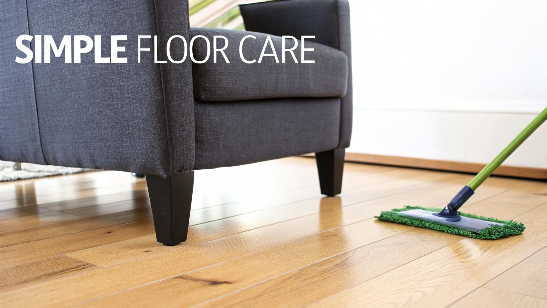 A green mop cleans a shiny hardwood floor next to a dark grey armchair, showing simple floor care.