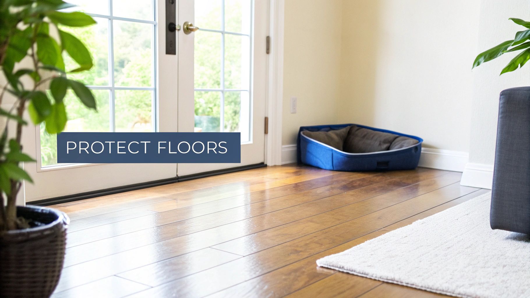 A blue pet bed with a brown cushion sits on a glossy wooden floor next to a glass door, with a plant. Text overlay reads 'PROTECT FLOORS'.