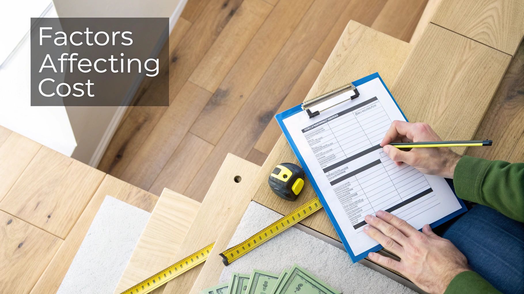 Person's hands filling out a cost estimation form on wooden stairs with a tape measure and money.