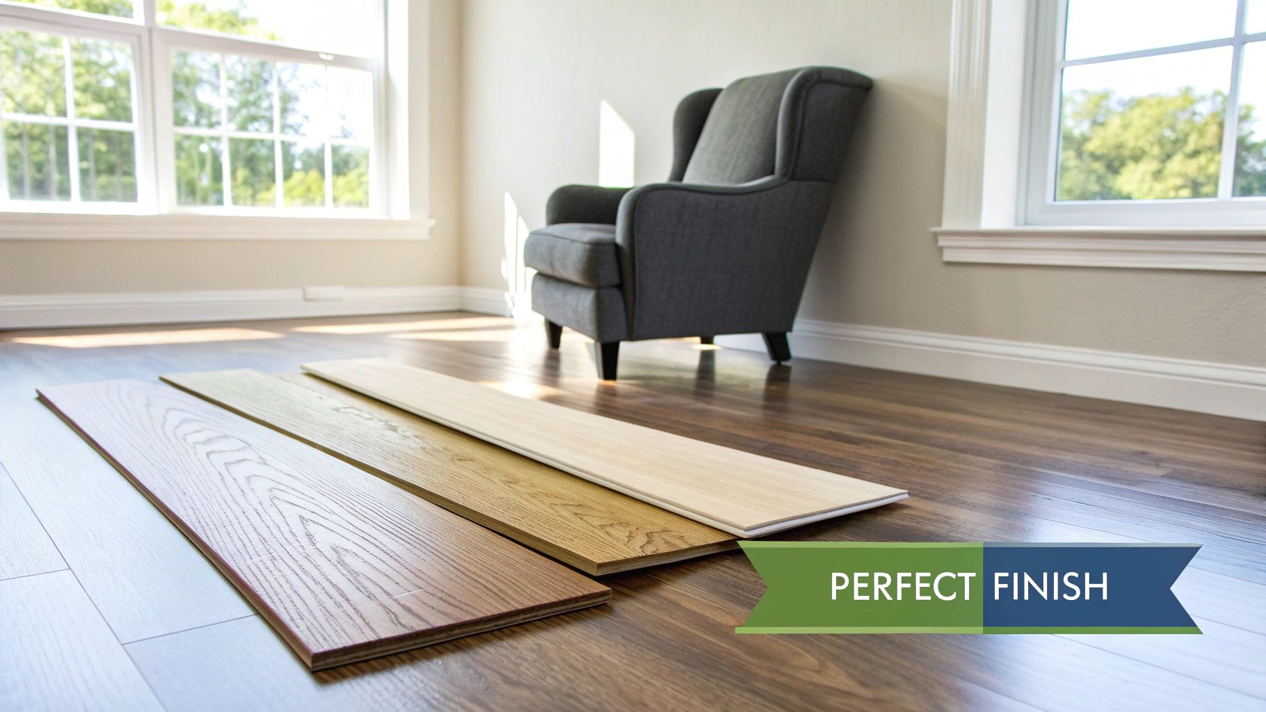 Three wood flooring finish samples in different shades laid on a dark wood floor in a bright room.
