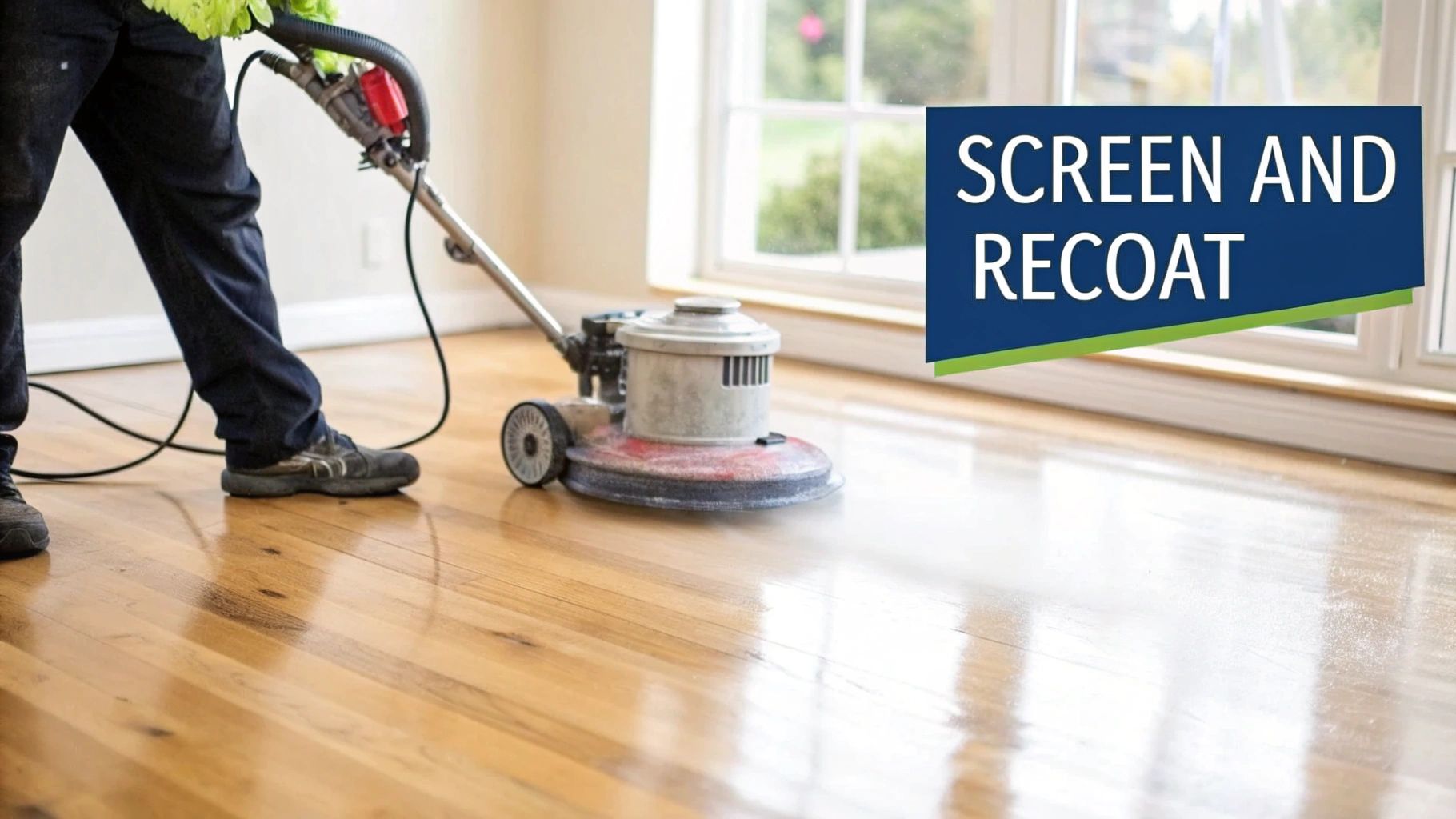 A person operates a floor buffer on a shiny hardwood floor, with text 'SCREEN AND RECOAT'.