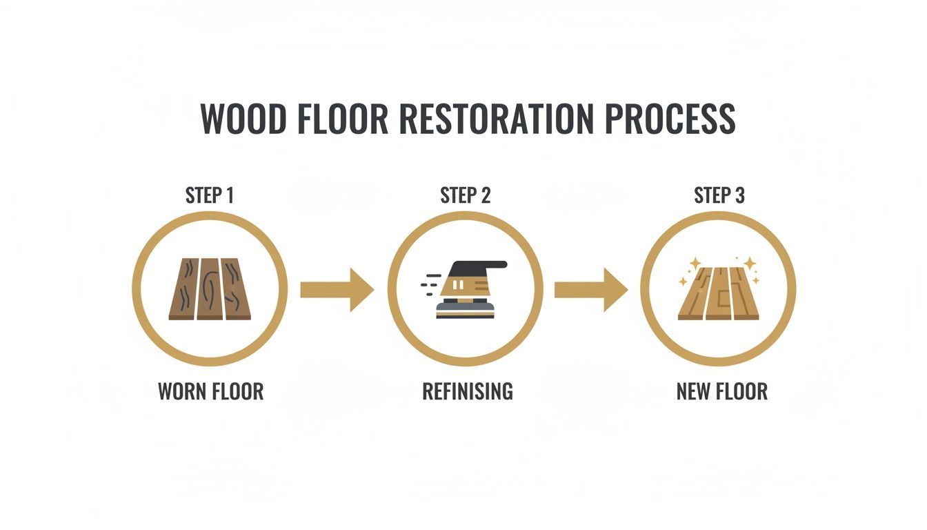 An infographic showing the three-step wood floor restoration process: worn floor, refinishing, and a new sparkling floor.