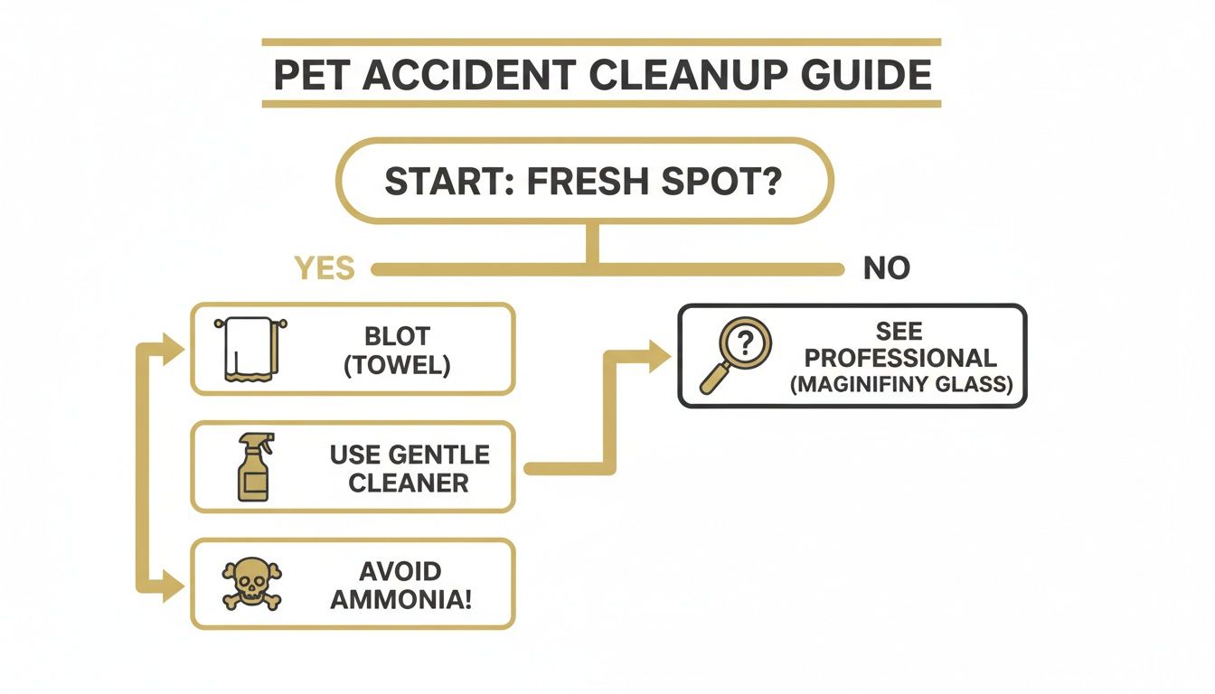 A flowchart guide for pet accident cleanup, detailing steps for fresh spots and advising professional help for old ones.