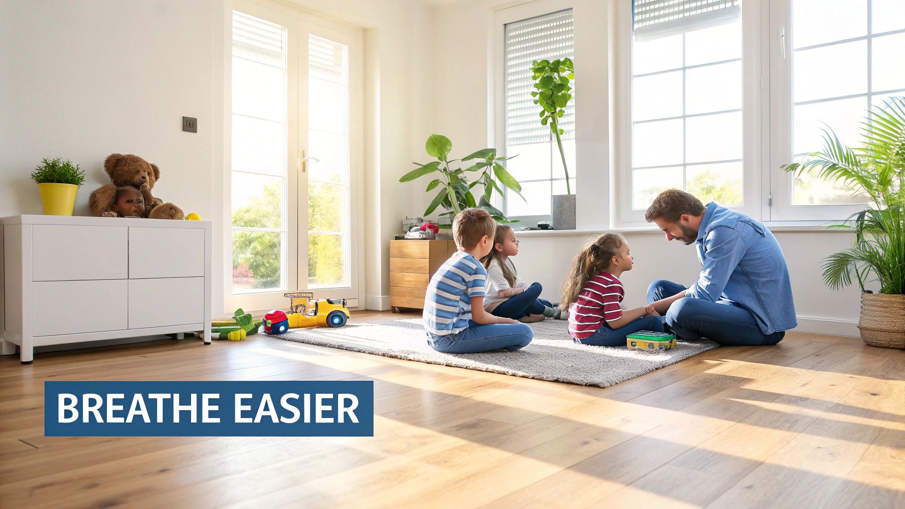 A family enjoying their newly refinished hardwood floors in a clean home.
