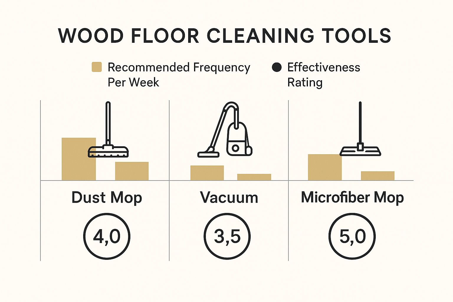 Infographic comparing a dust mop, vacuum, and microfiber mop for cleaning wood floors, showing recommended frequency and effectiveness rating.