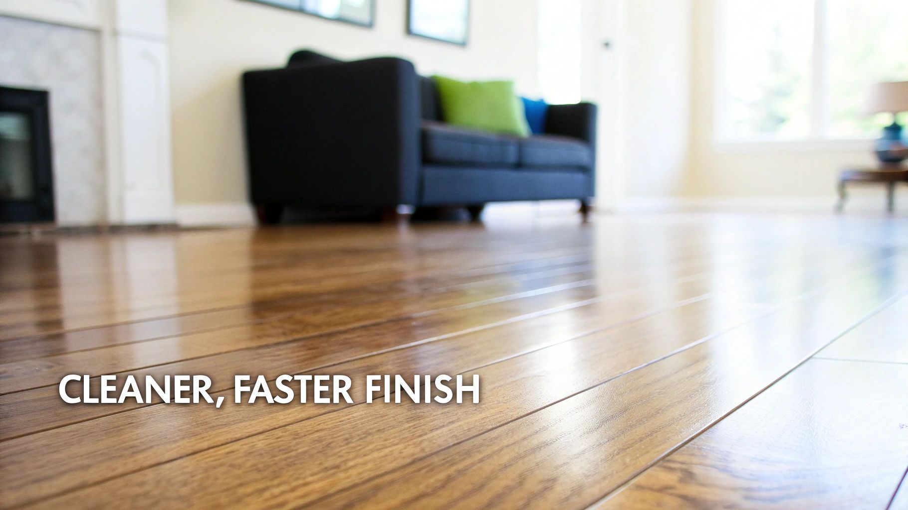 Clean living room with gleaming hardwood floors showcasing the benefits of a dustless process.