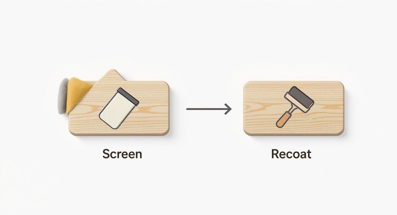 An illustration showing the screen and recoat process for wood floors, with tools on wooden blocks.