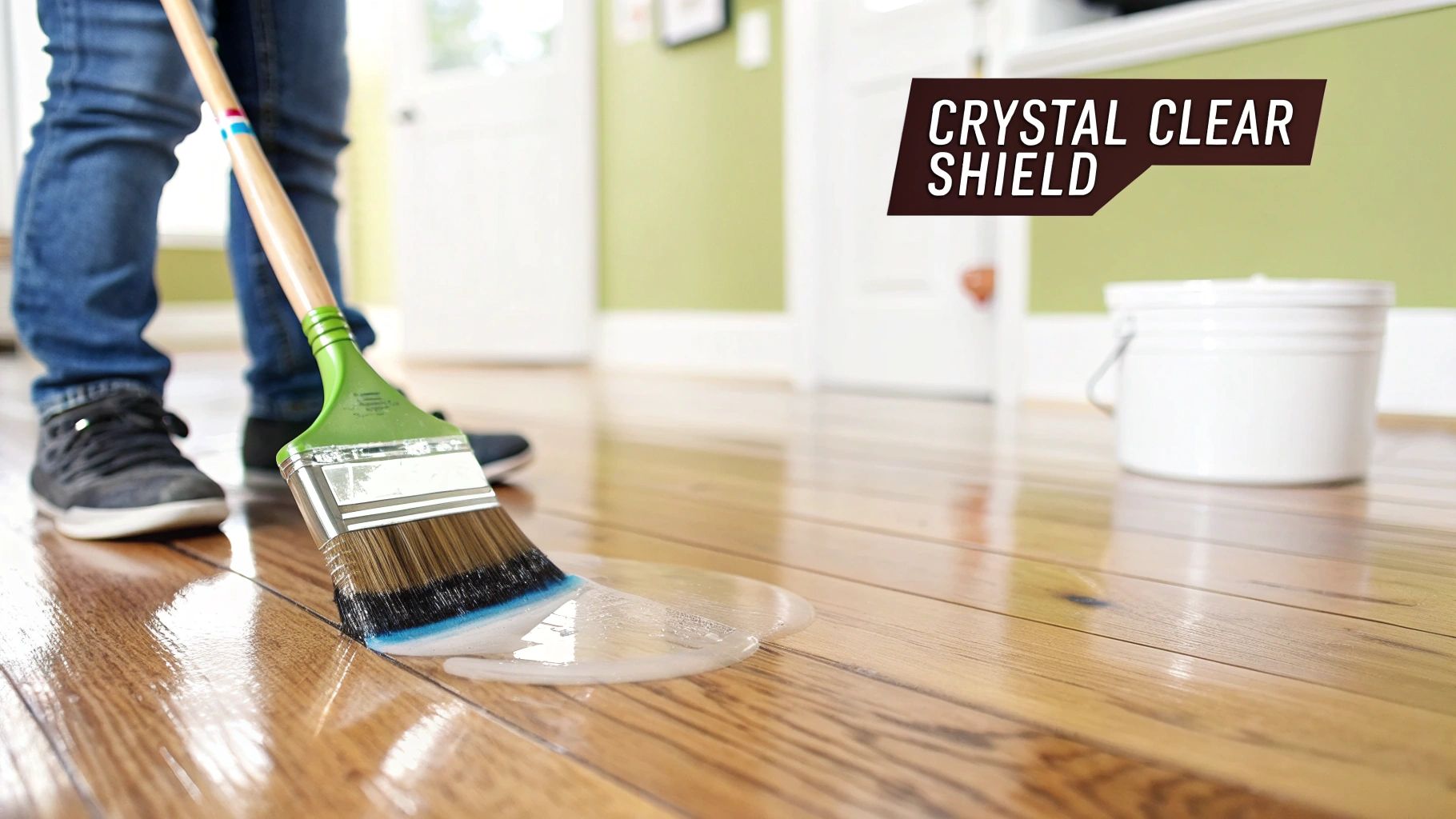 A person applies crystal clear shield finish to a hardwood floor with a brush.