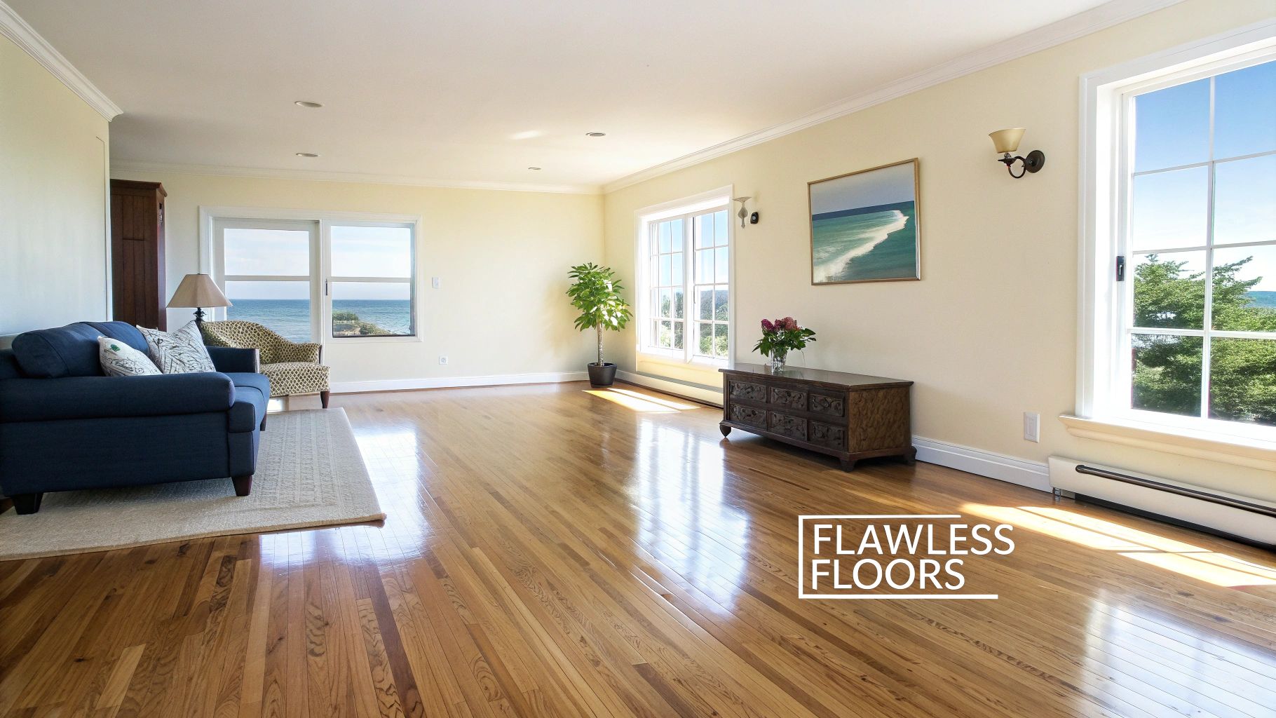 Spacious living room with gleaming polished hardwood floors and ocean view windows