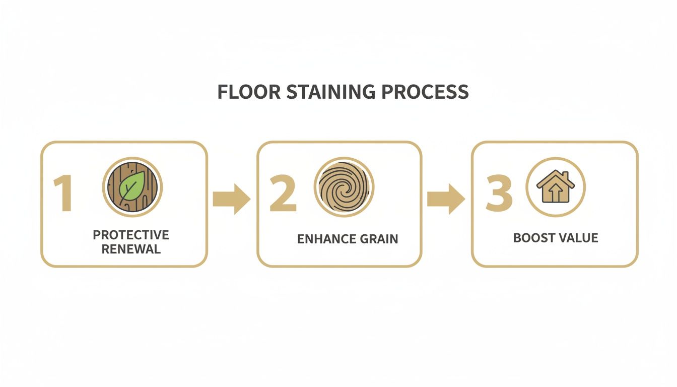 Infographic showing three steps of floor staining process: protective renewal, enhance grain, and boost value.