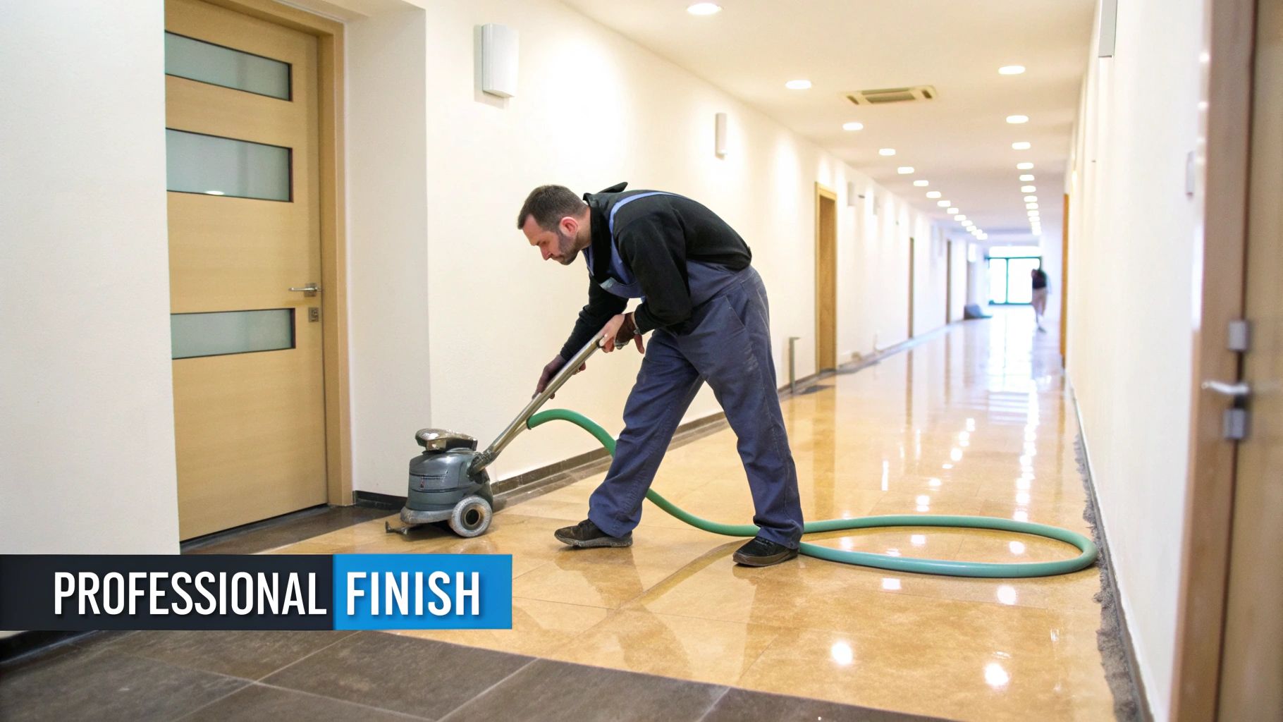 A man in work clothes professionally cleans a shiny tiled hallway floor with a buffing machine and hose.