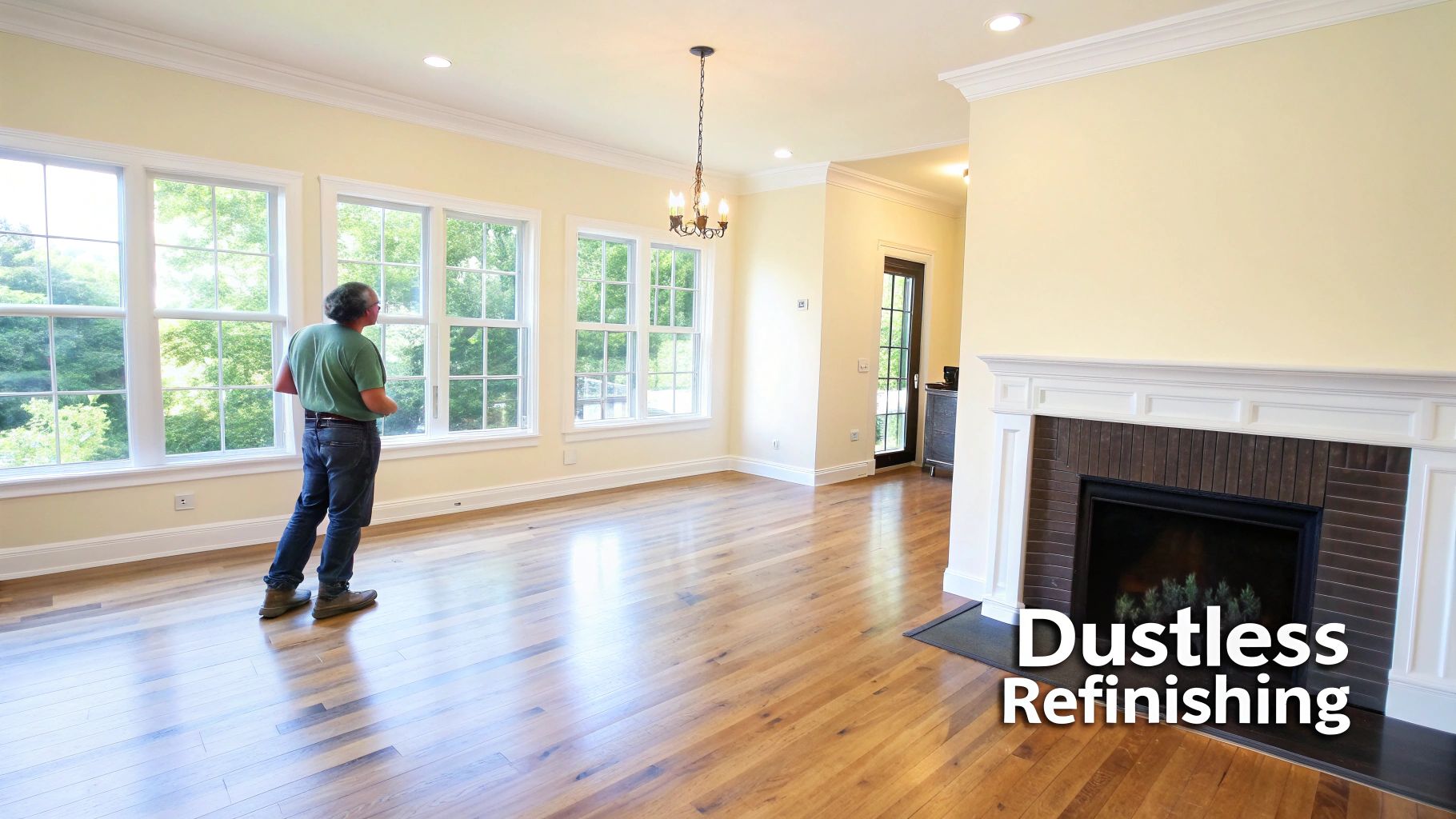Woman smiling while her dustless floor refinishing project is underway in her living room.