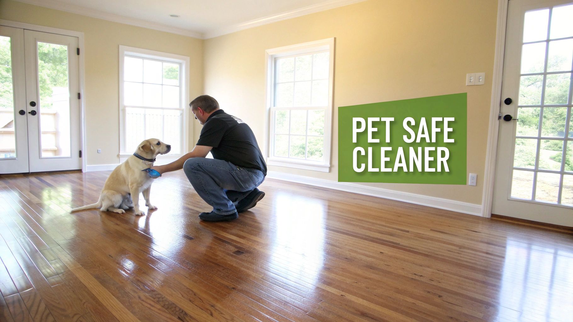 A man kneels on a polished hardwood floor, gently grooming a yellow Labrador dog, with text 'PET SAFE CLEANER'.