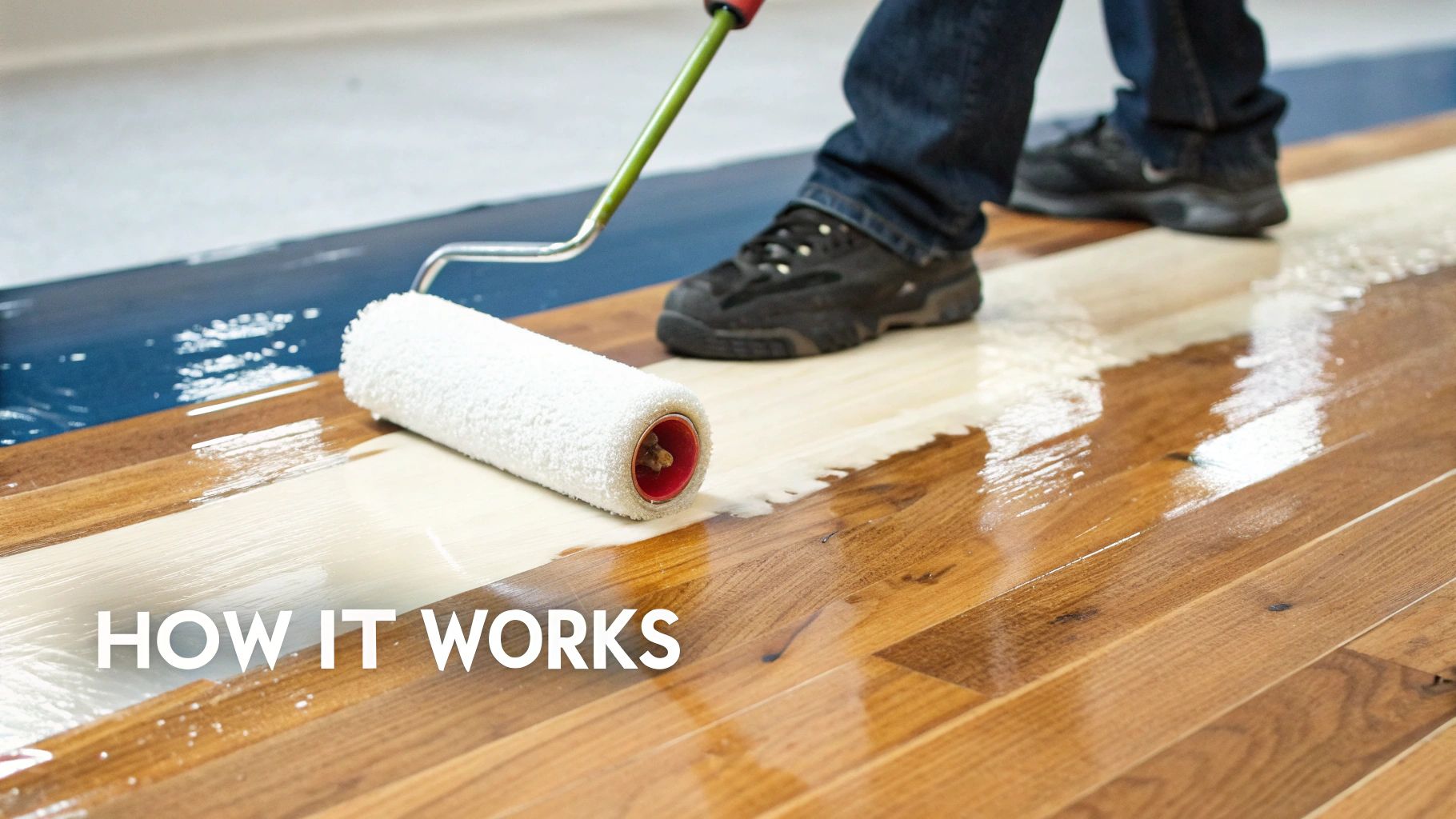 Person applying clear water-based polyurethane floor finish with a roller on a wooden floor, making it shiny.