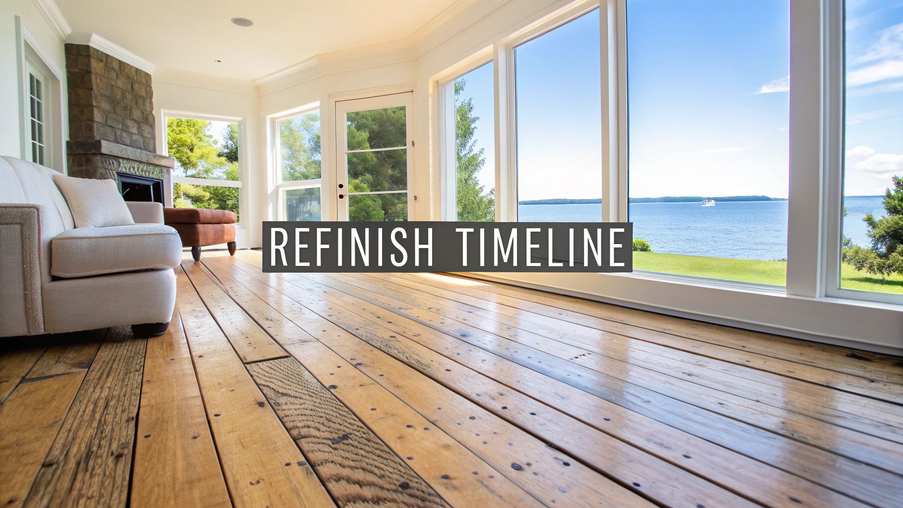 Rustic hardwood floors in a sunlit living room with a lake view, featuring 'Refinish Timeline' text.