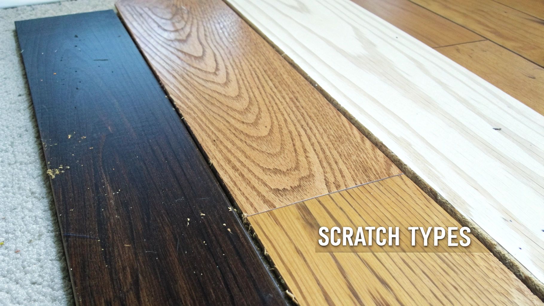 Three wood floor planks with different finishes, displaying various scratch types on a carpet.